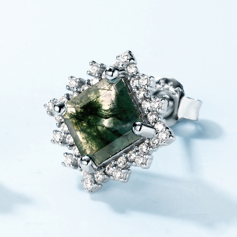Luxury Green Moss Square Water Plants Agate Stud Earrings