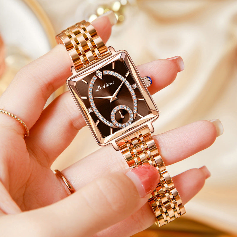 Rose Gold Square Women's Diamond Two-pin Half Watch