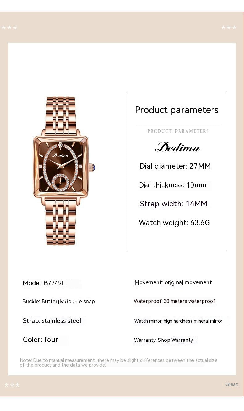 Rose Gold Square Women's Diamond Two-pin Half Watch