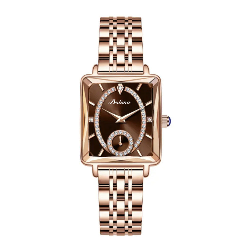 Demi-montre carrée à deux broches en or rose pour femme avec diamants