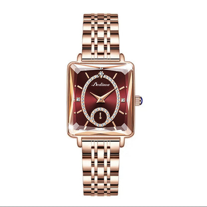 Demi-montre carrée à deux broches en or rose pour femme avec diamants