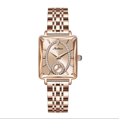 Demi-montre carrée à deux broches en or rose pour femme avec diamants