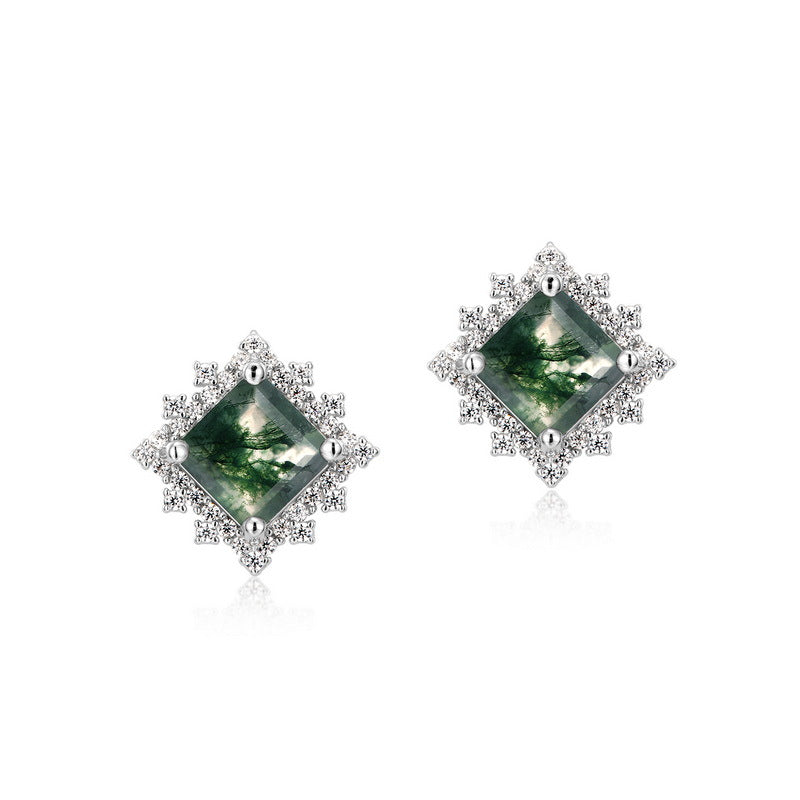 Luxury Green Moss Square Water Plants Agate Stud Earrings