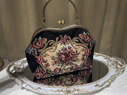 Lost in Vintage Thread Embroidered Bag Metal Handle Petitpoint Clutch Antique Kiss Lock Crossbody Kiss Lock Frame Evening Bag