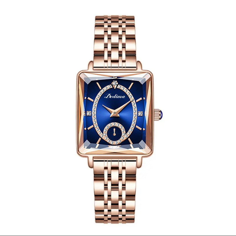 Demi-montre carrée à deux broches en or rose pour femme avec diamants